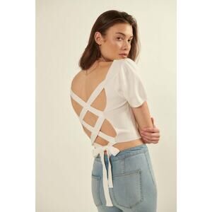 NWT Promesa Women's Better Than Ever Lattice-Back Cropped Sweater White Size M